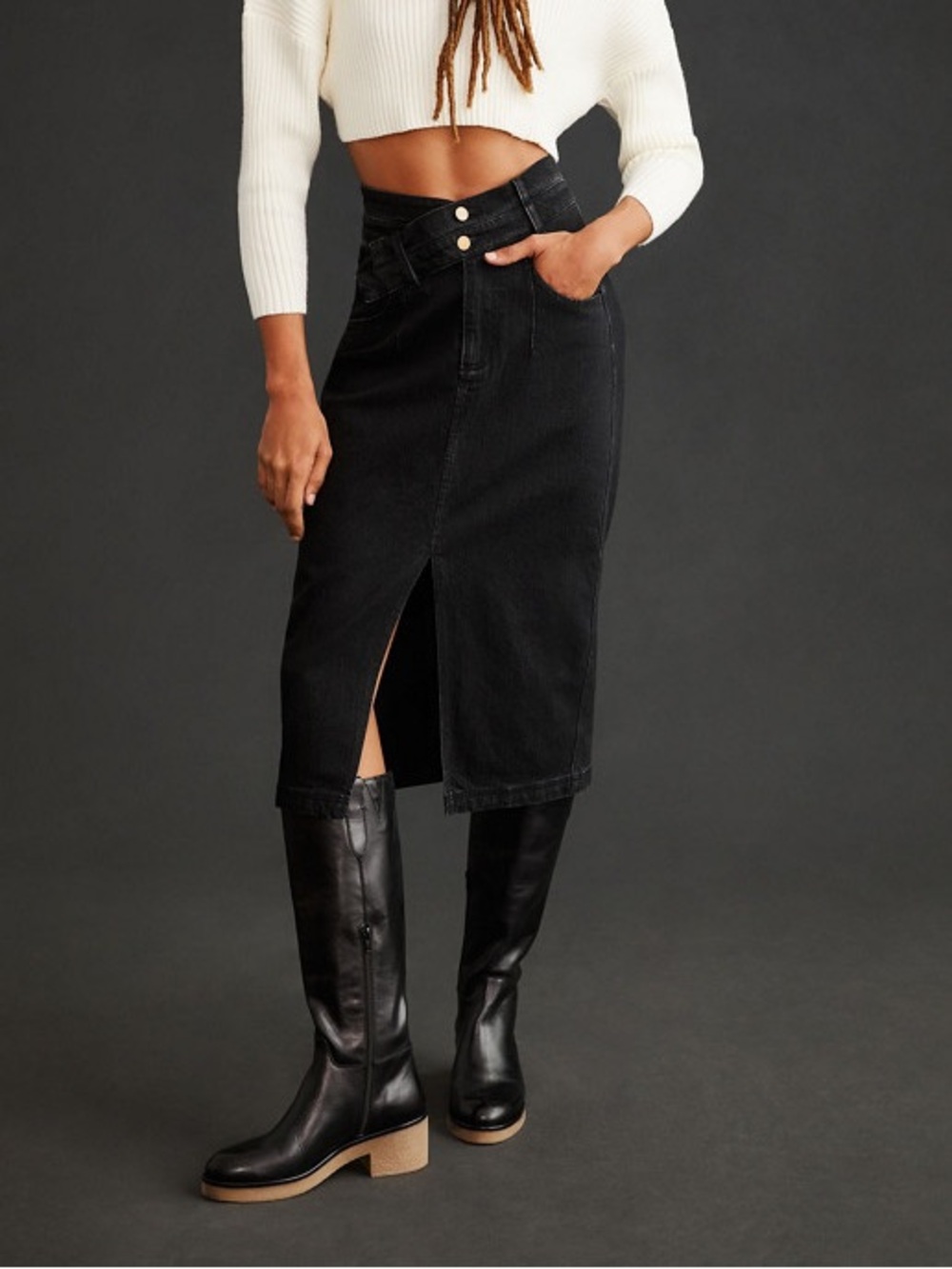 Anthropologie Pilcro Asymmetrical Double Waist Black Slit Denim Midi Skirt